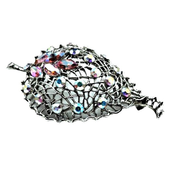 Vintage Rhinestone Leaf Brooch Domed Pin Pink Aurora Borealis Costume Jewelry - Picture 2 of 8